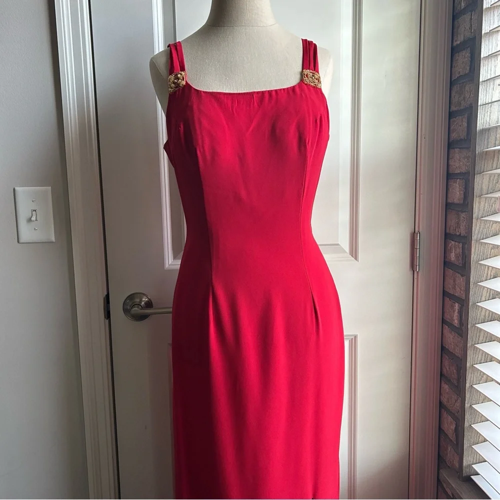 Vintage Red Floor Length Gown Spaghetti Straps 80s 90s - Picture 2 of 12